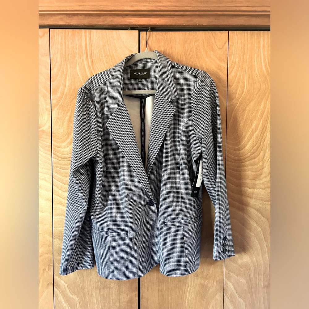 Blue and white tailored blazer.